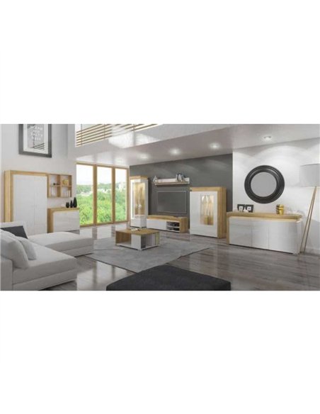 Cadillac Oak Effect And White Gloss Low Wide Display Cabinet with LED Lights, 3174 - pic 114678 | FastDaddyshop