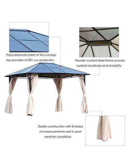 Outsunny 3.6 x 3(m) Hardtop Gazebo Canopy with Polycarbonate Roof Garden Pavilion with Removable Curtains and Steel Frame, Brown - pic 11468 | FastDaddyshop