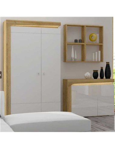Cadillac Oak Effect And White Gloss 2 Door Wardrobe With LED Lights, 3175