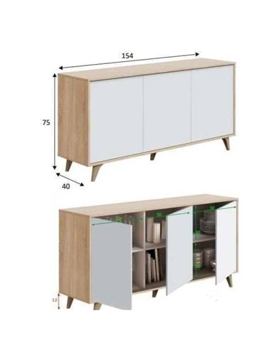 Casablanca White And Oak Effect 3 Door Wide Sideboard, 3216