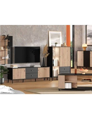 Clifton Slatted Artisan Oak Effect Black Low Display Cabinet, 3444