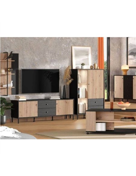 Clifton Slatted Artisan Oak Effect Black Low Display Cabinet, 3444 - pic 114723 | FastDaddyshop