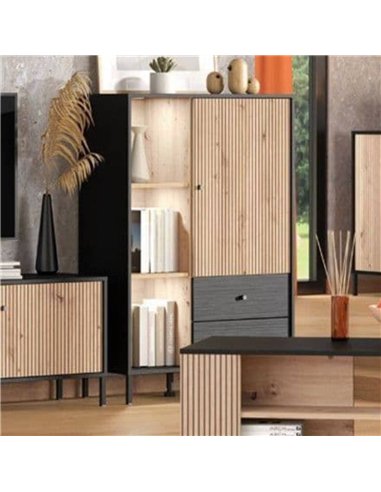 Clifton Slatted Artisan Oak Effect Black Low Display Cabinet, 3444
