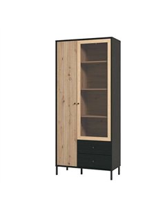 Clifton Slatted Artisan Oak Effect And Black 2 Door Display Cabinet, 3436