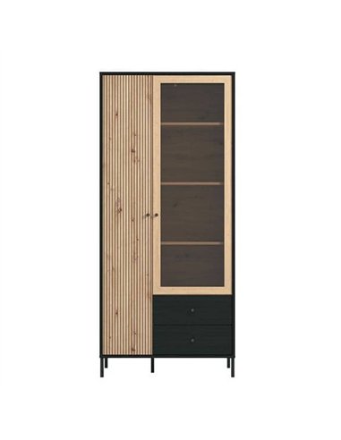 Clifton Slatted Artisan Oak Effect And Black 2 Door Display Cabinet, 3436