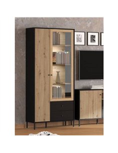 Clifton Slatted Artisan Oak Effect And Black 2 Door Display Cabinet, 3436 2