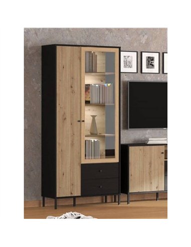 Clifton Slatted Artisan Oak Effect And Black 2 Door Display Cabinet, 3436
