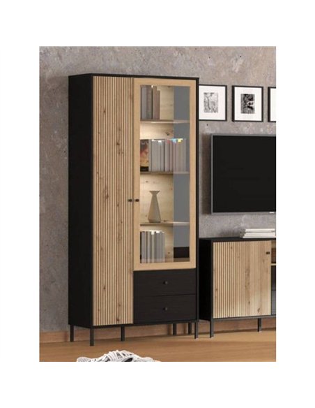 Clifton Slatted Artisan Oak Effect And Black 2 Door Display Cabinet, 3436 - pic 114729 | FastDaddyshop