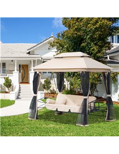 Outsunny 3 Seater Swing Chair 3-in-1 Convertible Hammock Bed, Gazebo, Patio Bench, Beige 2