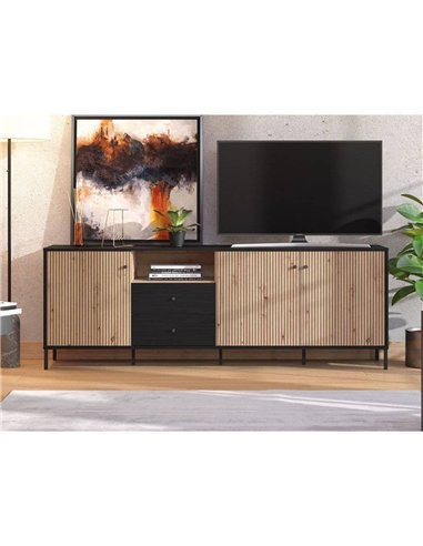 Clifton Slatted Artisan Oak Effect And Black TV Unit, 3437