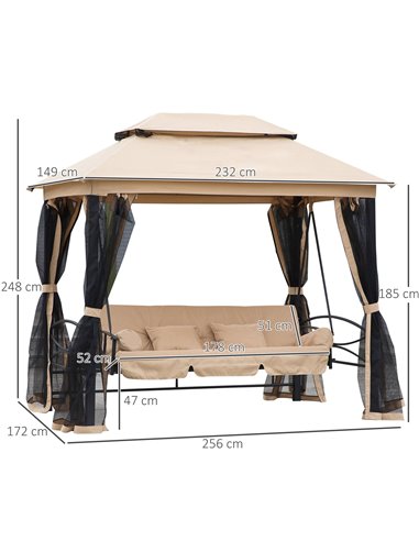 Outsunny 3 Seater Swing Chair 3-in-1 Convertible Hammock Bed Gazebo Patio Bench Outdoor with Double Tier Canopy, Cushioned Seat,