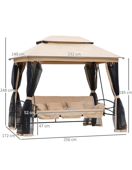 Outsunny 3 Seater Swing Chair 3-in-1 Convertible Hammock Bed Gazebo Patio Bench Outdoor with Double Tier Canopy, Cushioned Seat, - pic 11474 | FastDaddyshop