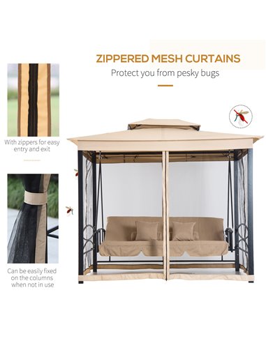 Outsunny 3 Seater Swing Chair 3-in-1 Convertible Hammock Bed Gazebo Patio Bench Outdoor with Double Tier Canopy, Cushioned Seat,