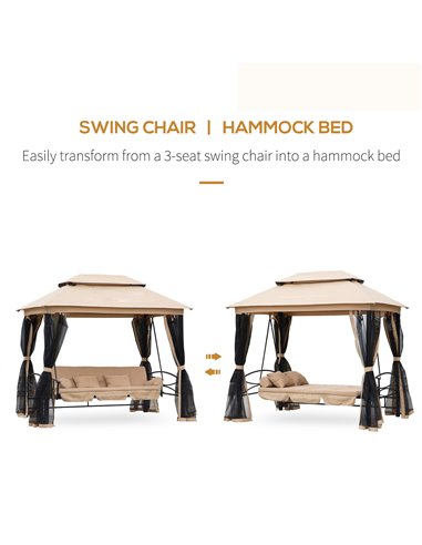 Outsunny 3 Seater Swing Chair 3-in-1 Convertible Hammock Bed Gazebo Patio Bench Outdoor with Double Tier Canopy, Cushioned Seat,