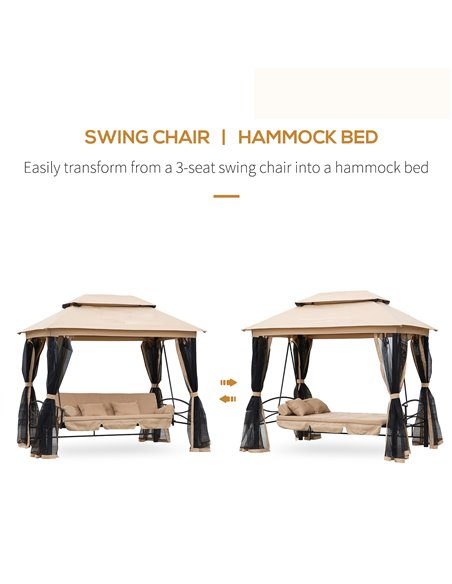 Outsunny 3 Seater Swing Chair 3-in-1 Convertible Hammock Bed Gazebo Patio Bench Outdoor with Double Tier Canopy, Cushioned Seat, - pic 11476 | FastDaddyshop