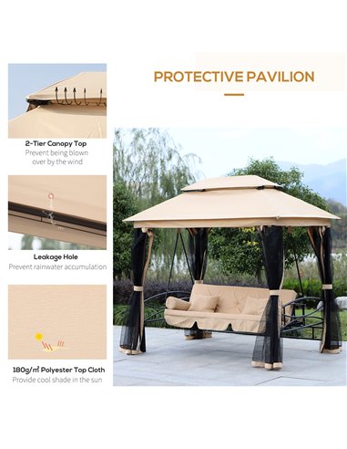Outsunny 3 Seater Swing Chair 3-in-1 Convertible Hammock Bed Gazebo Patio Bench Outdoor with Double Tier Canopy, Cushioned Seat,