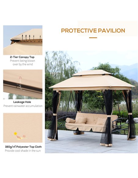 Outsunny 3 Seater Swing Chair 3-in-1 Convertible Hammock Bed Gazebo Patio Bench Outdoor with Double Tier Canopy, Cushioned Seat, - pic 11478 | FastDaddyshop