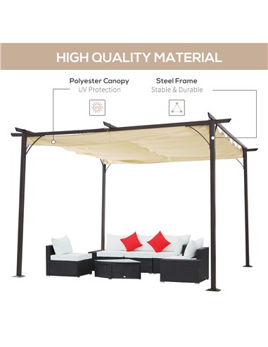 Outsunny 3.5M X 3.5M Metal Pergola Gazebo Awning Retractable Canopy Outdoor Garden Sun Shade Shelter Marquee Party BBQ, Beige