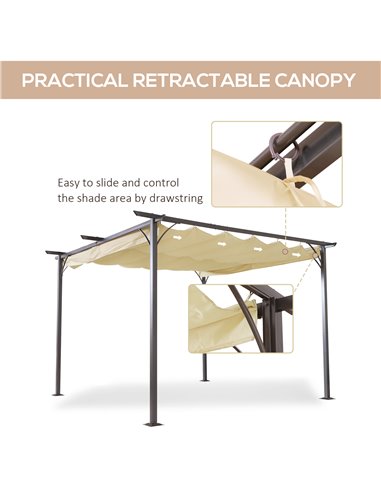 Outsunny 3.5M X 3.5M Metal Pergola Gazebo Awning Retractable Canopy Outdoor Garden Sun Shade Shelter Marquee Party BBQ, Beige