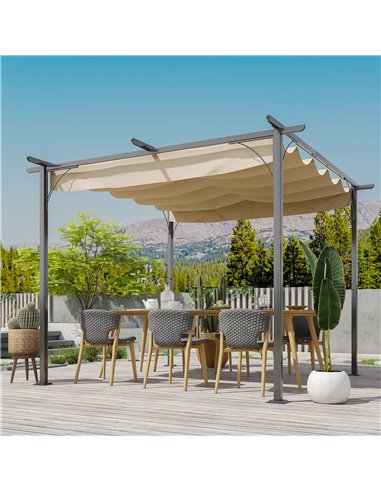 Outsunny 3 x 3(m) Metal Pergola Gazebo Awning Retractable Canopy Outdoor Garden Sun Shade Shelter Marquee Party BBQ Beige