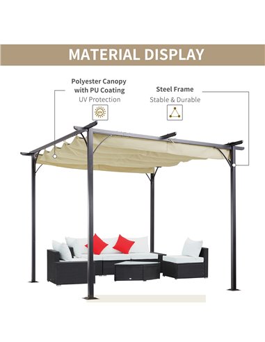 Outsunny 3 x 3(m) Metal Pergola Gazebo Awning Retractable Canopy Outdoor Garden Sun Shade Shelter Marquee Party BBQ Beige