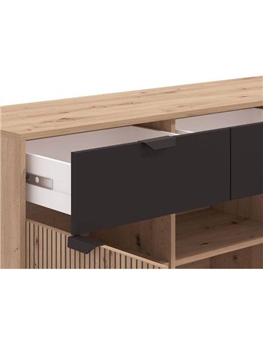 Martinique Artisan Oak Effect Slatted And Black 3 Door Sideboard, 3419