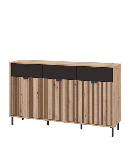 Martinique Artisan Oak Effect Slatted And Black 3 Door Sideboard, 3419 - pic 115199 | FastDaddyshop