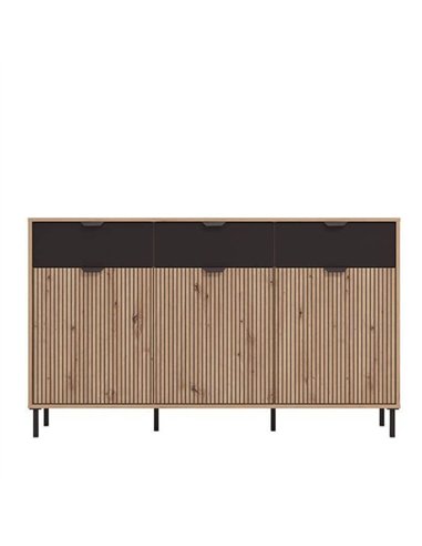 Martinique Artisan Oak Effect Slatted And Black 3 Door Sideboard, 3419