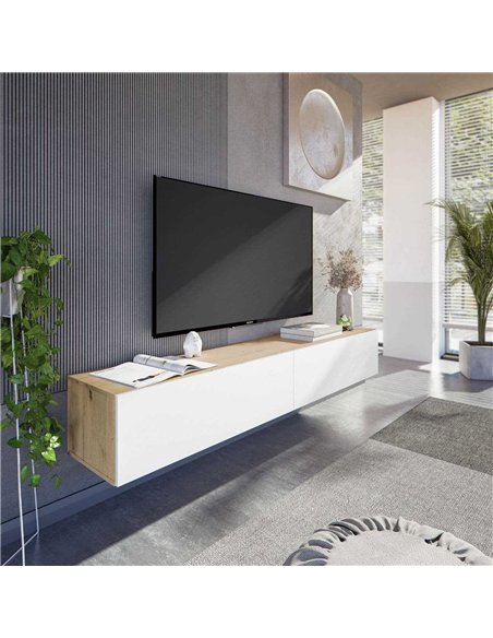 Reyes Nordic Oak Effect And White Wall Mounted Floating Wide Large TV Unit, 3255 - pic 115404 | FastDaddyshop