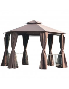 Outsunny Hexagon Gazebo Patio Canopy with 2 Tier Roof & Side Panel, Brown