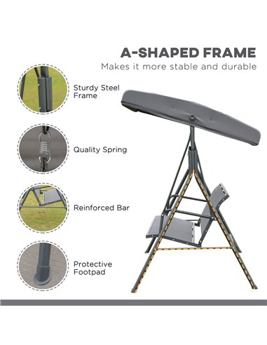 Outsunny 3 Seater Swing Chair Garden Swing Seat Outdoor Hammock w/ Canopy Steel Frame - Grey