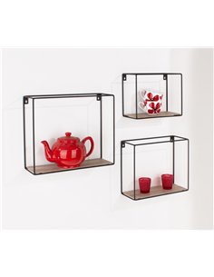 Core Products rectangular set of 3 display wall shelf set - black metal and wood effect , LF104 2