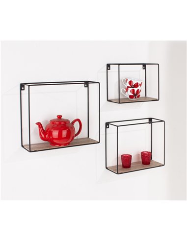 Core Products rectangular set of 3 display wall shelf set - black metal and wood effect , LF104