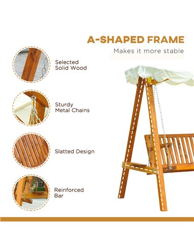 Outsunny 3 Seater Wooden Garden Swing Seat Swing Chair Outdoor Hammock Bench Furniture, Cream White