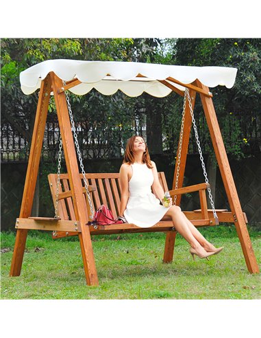 Outsunny 2 Seater Garden Swing Seat Wooden Swing Chair Outdoor Hammock Bench Furniture, Cream White
