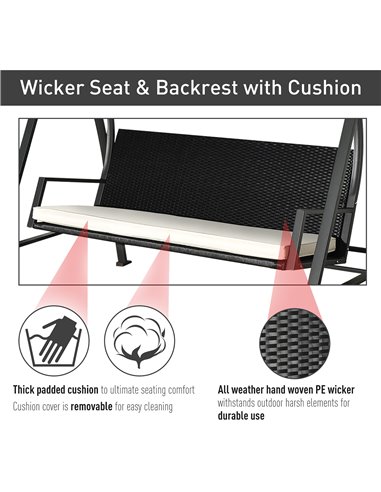 Outsunny 3-Seater Swing Chair New Outdoor Garden Rattan Swinging Hammock Seater Bench Bed Lounger - Black