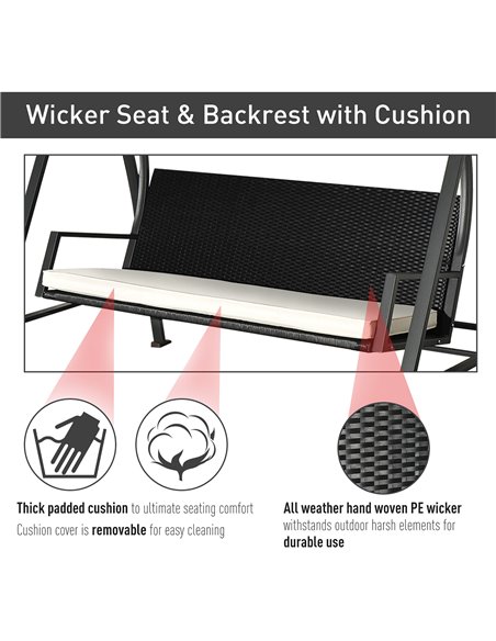 Outsunny 3-Seater Swing Chair New Outdoor Garden Rattan Swinging Hammock Seater Bench Bed Lounger - Black - pic 11620 | FastDaddyshop