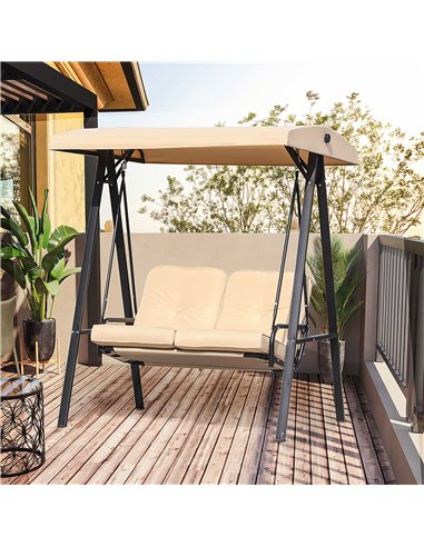 Outsunny 2 Seater Garden Outdoor Swing Chair Lounger Hammock Bench w/ Steel Frame Cushions Adjustable Tilting Canopy Patio Beige