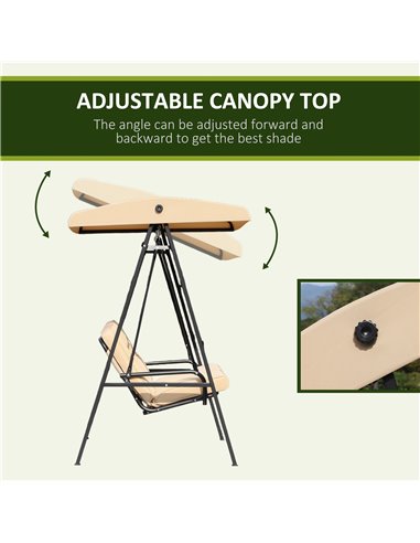 Outsunny 2 Seater Garden Outdoor Swing Chair Lounger Hammock Bench w/ Steel Frame Cushions Adjustable Tilting Canopy Patio Beige