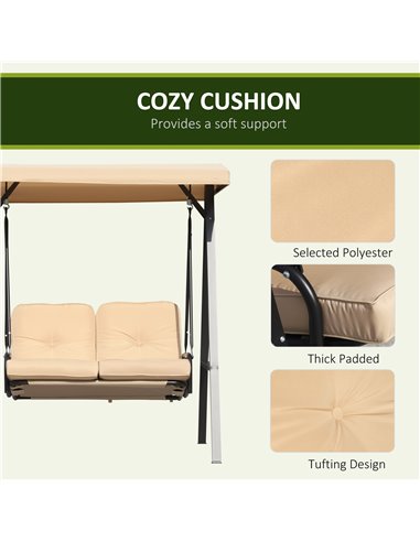 Outsunny 2 Seater Garden Outdoor Swing Chair Lounger Hammock Bench w/ Steel Frame Cushions Adjustable Tilting Canopy Patio Beige