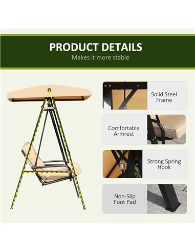 Outsunny 2 Seater Garden Outdoor Swing Chair Lounger Hammock Bench w/ Steel Frame Cushions Adjustable Tilting Canopy Patio Beige
