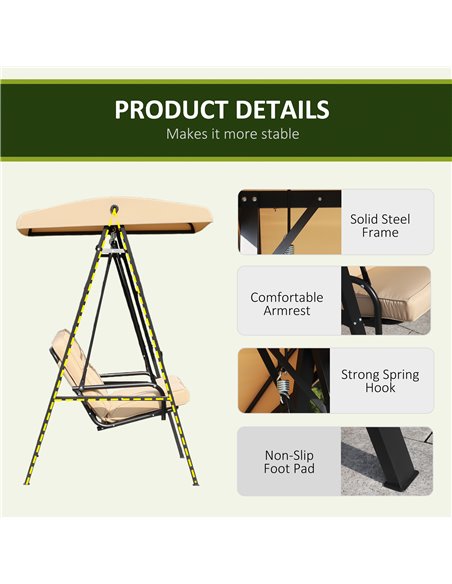 Outsunny 2 Seater Garden Outdoor Swing Chair Lounger Hammock Bench w/ Steel Frame Cushions Adjustable Tilting Canopy Patio Beige - pic 11645 | FastDaddyshop