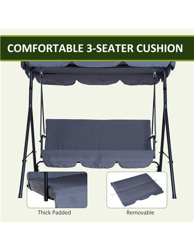 Outsunny 3 Seater Canopy Swing Chair Garden Rocking Bench Heavy Duty Patio Metal Seat w/ Top Roof - Grey