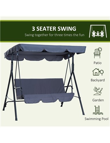 Outsunny 3 Seater Canopy Swing Chair Garden Rocking Bench Heavy Duty Patio Metal Seat w/ Top Roof - Grey