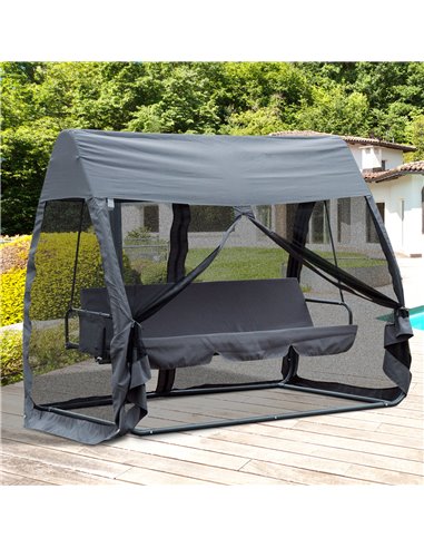 Outsunny 3 Seater Garden Swing Chair 2 in 1 Convertible Outdoor Rocking Bench Bed with Water-Resistant Roof, Zipped Door and Mos