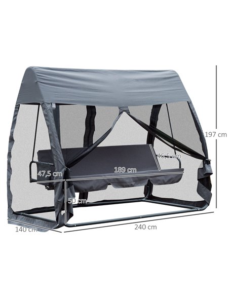 Outsunny 3 Seater Garden Swing Chair 2 in 1 Convertible Outdoor Rocking Bench Bed with Water-Resistant Roof, Zipped Door and Mos - pic 11706 | FastDaddyshop