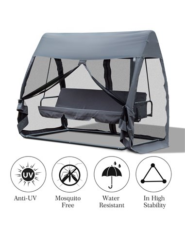 Outsunny 3 Seater Garden Swing Chair 2 in 1 Convertible Outdoor Rocking Bench Bed with Water-Resistant Roof, Zipped Door and Mos