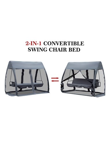 Outsunny 3 Seater Garden Swing Chair 2 in 1 Convertible Outdoor Rocking Bench Bed with Water-Resistant Roof, Zipped Door and Mos