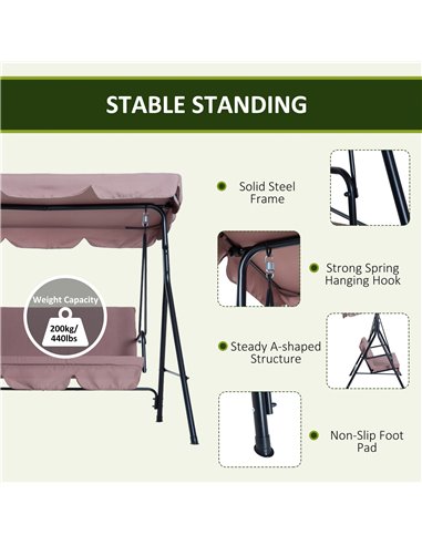 Outsunny 3 Seater Canopy Swing Chair Garden Rocking Bench Heavy Duty Patio Metal Seat w/ Top Roof - Brown