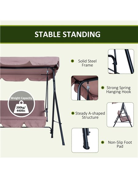 Outsunny 3 Seater Canopy Swing Chair Garden Rocking Bench Heavy Duty Patio Metal Seat w/ Top Roof - Brown - pic 11729 | FastDaddyshop